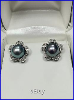 14k White Gold Blue Pearl & Diamond Floral Cocktail Set Earrings Ring & Pendant