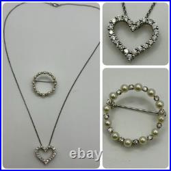 14k White Gold Brooch & Necklace/Pendant Set with Genuine Diamonds and Pearls