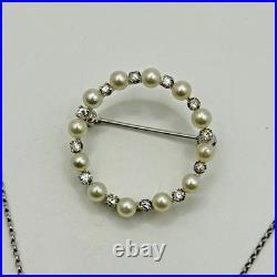 14k White Gold Brooch & Necklace/Pendant Set with Genuine Diamonds and Pearls