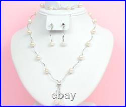 14k White Gold Charming Genuine White Pearls Set Necklace, Bracelet, Earrings