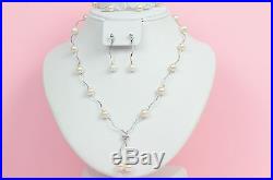 14k White Gold Charming Genuine White Pearls Set Necklace, Bracelet, Earrings