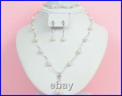 14k White Gold Charming Genuine White Pearls Set Necklace, Bracelet, Earrings