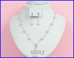 14k White Gold Charming Genuine White Pearls Set Necklace, Bracelet, Earrings