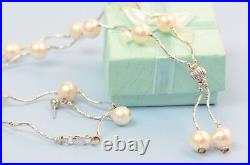 14k White Gold Charming Genuine White Pearls Set Necklace, Bracelet, Earrings