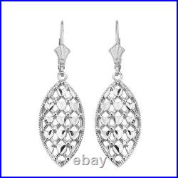 14k White Gold Double Layered Hearts Filigree Marquise Drop Earrings Set
