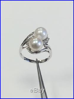 14k White Gold Double Pearl & Diamond Matching Set Earrings + Ring