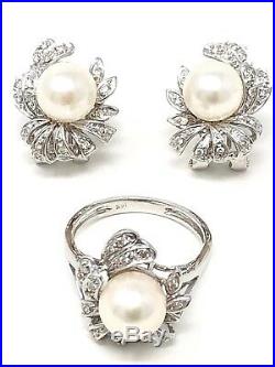 14k White Gold Flower Design Pearl Diamond Earrings & Ring Set Size 6.5