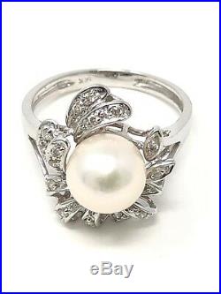 14k White Gold Flower Design Pearl Diamond Earrings & Ring Set Size 6.5