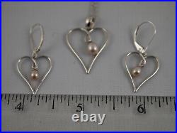 14k White Gold Heart withDangling Pink Pearl Necklace & Earring Set