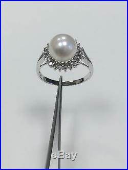 14k White Gold Pearl & Diamond Double Halo Cocktail Set Ring Earrings Pendant