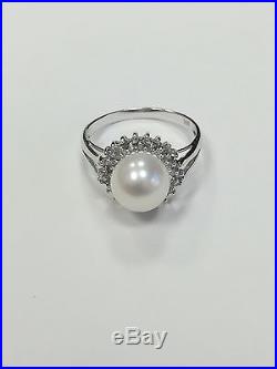 14k White Gold Pearl & Diamond Double Halo Cocktail Set Ring Earrings Pendant