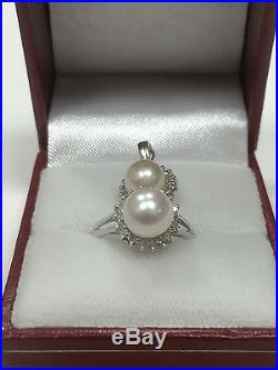 14k White Gold Pearl & Diamond Halo Cocktail Set Ring + Matching Pendant