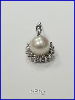 14k White Gold Pearl & Diamond Halo Cocktail Set Ring + Matching Pendant