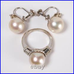 14k White Gold Pearl Diamond Ring Earrings Matching Set Demi Parure