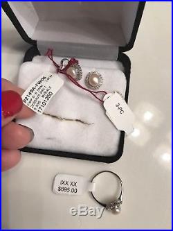 14k White Gold Pearl & Diamond Ring, Pendant And Earring Set