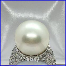 14k White Gold Ring With A Large South Sea Pearl And Pave Set Diamonds