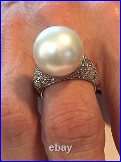 14k White Gold Ring With A Large South Sea Pearl And Pave Set Diamonds