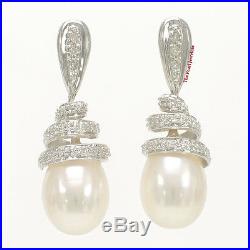 14k White Solid Gold Sets 6 Sparkling Diamonds White Pearl Dangle Stud Earrings