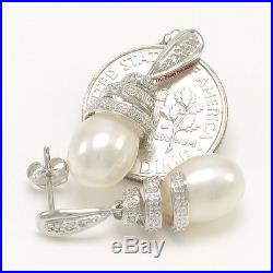 14k White Solid Gold Sets 6 Sparkling Diamonds White Pearl Dangle Stud Earrings