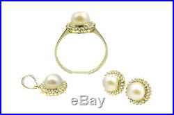 14k White/ Yellow Gold Diamond And Pearl Ring, Pendant & Studs Earrings Set