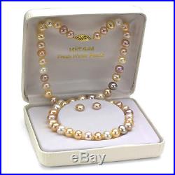 14k YGold 7-7.5mm Multi-pink Freshwater Pearl Necklace 18 and Stud Earrings Set