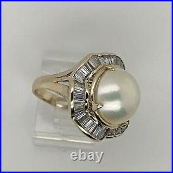 14k Yellow Gold 13mm Mabe Pearl Channel Set Baguette CZ Halo Ring Sz 6 1/2, 8.3G