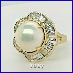 14k Yellow Gold 13mm Mabe Pearl Channel Set Baguette CZ Halo Ring Sz 6 1/2, 8.3G