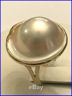 14k Yellow Gold 20mm Mabe Blister Pearl Bezel Set Ring Size 5 4.8 Grams