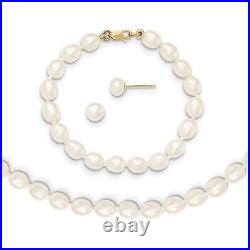 14k Yellow Gold 5-6mm FW Cultured Pearl 5in Bracelet 14in Necklace & Earring Set