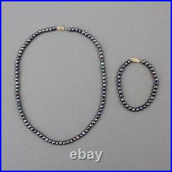 14k Yellow Gold & 5mm Black Pearls 18 Necklace & 7 Bracelet Set