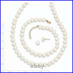 14k Yellow Gold 6-7mm Fresh Water Pearl Bracelet, Necklace and Earring Set