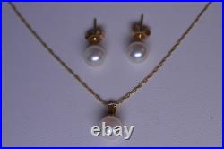 14k Yellow Gold 6.8 MM Pearl 18 Necklace & 6.4 MM Pearl Pierced Post Earrings
