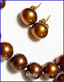 14k Yellow Gold 8mm Chocolate Brown Pearl Necklace Pierced Stud Earring Set L1