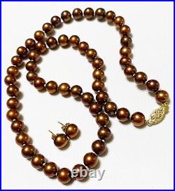 14k Yellow Gold 8mm Chocolate Brown Pearl Necklace Pierced Stud Earring Set L1