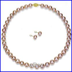 14k Yellow Gold 9-10mm Pink Freshwater Pearl Necklace 18 and Stud Earrings Set