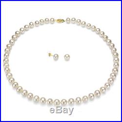 14k Yellow Gold 9-10mm White Freshwater Pearl Necklace 18 and Stud Earrings Set