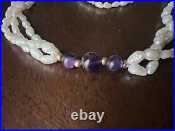 14k Yellow Gold, Amethyst Pearl Necklace And Bracelet Set