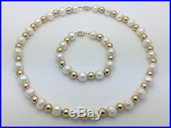 14k Yellow Gold Balls & Water Pearls 17.5 Necklace & 7 Bracelet Jewelry Set