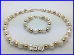 14k Yellow Gold Balls & Water Pearls 17.5 Necklace & 7 Bracelet Jewelry Set