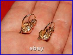 14k Yellow Gold Bezel Set Diamond & Pearl Byzantine Estruscan Leverback Earrings