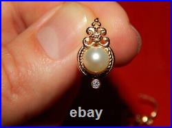 14k Yellow Gold Bezel Set Diamond & Pearl Byzantine Estruscan Leverback Earrings