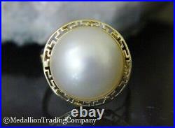 14k Yellow Gold Bezel Set Mabe Button Pearl Greek Key 17mm Band Ring Size 7.5