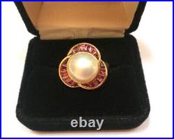 14k Yellow Gold Bezel Set Mabe Pearl Amethyst Flower Ring Size 8.25 Stunning