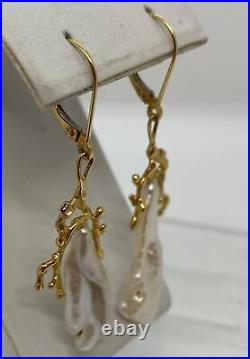 14k Yellow Gold Biwa Pearl Dangle Earring Set