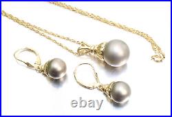 + 14k Yellow Gold Black Gray 12.5mm Pearl Necklace & Earrings Set 18 Chain