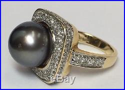 14k Yellow Gold Black Tahitian Pearl & Diamond Ring Matching Earrings Set Sz 7