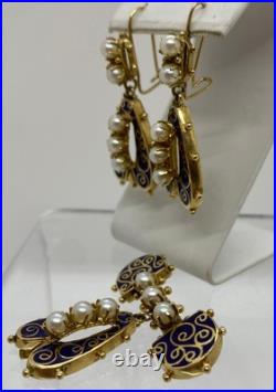 14k Yellow Gold Blue Enamel Pearl Earring Brooch Pin Set of 3 14k Yellow Gold Blue Enamel Pearl Earring Brooch Pin Set of 3