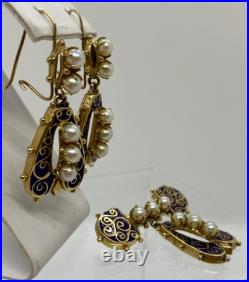 14k Yellow Gold Blue Enamel Pearl Earring Brooch Pin Set of 3 14k Yellow Gold Blue Enamel Pearl Earring Brooch Pin Set of 3