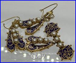 14k Yellow Gold Blue Enamel Pearl Earring Brooch Pin Set of 3 14k Yellow Gold Blue Enamel Pearl Earring Brooch Pin Set of 3