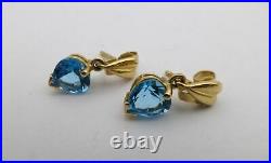14k Yellow Gold Blue Topaz Heart Basket Set Dangle Drop Post Earrings